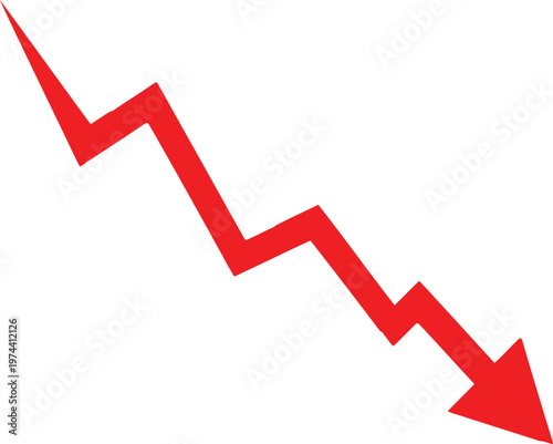Red downward jagged arrow icon symbolizing financial decline or market crash on a white background Vector