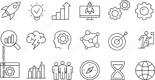 Minimalist business startup line icons, 18 professional growth and strategy vector elements, thin stroke corporate development symbols for web design