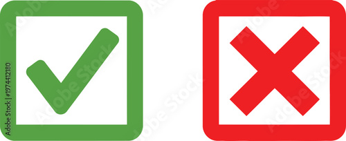 Green tick check mark and red cross mark icons representing true and false or correct and wrong. Vector