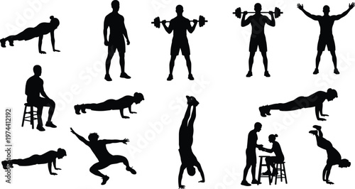 Collection of black silhouettes featuring men and women exercising doing pushups weightlifting handstands and gym workouts isolated on white background for fitness and wellness