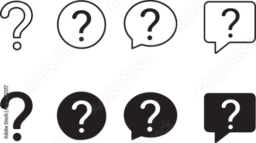 Question mark icon set, 8 black and white vector elements, minimalist help and support symbols, faq speech bubble graphics for web interface