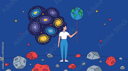 Person Holding Globe Among Space Debris and Asteroids.