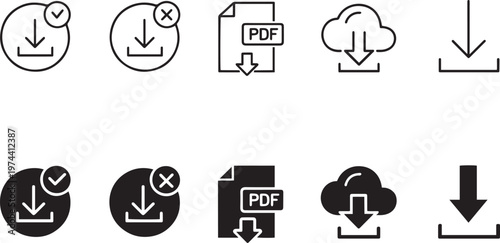 Minimalist download icon set, 10 vector file download symbols, black outline and solid glyph style for web interface and app design