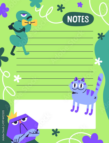 Design of kids check or to do list with doodle characters. Template of checklist with blank places for text, notes and tasks. Layout for planner, todo, sheet for planning. Flat vector illustration