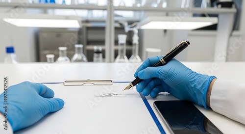 Scientist Signing Official Documents with Fountain Pen in Modern Clinical Laboratory Setting