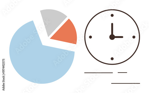 Time management, business planning, productivity analysis, workflow optimization, scheduling, data visualization. A pie chart and clock illustration. Time management and productivity analysis