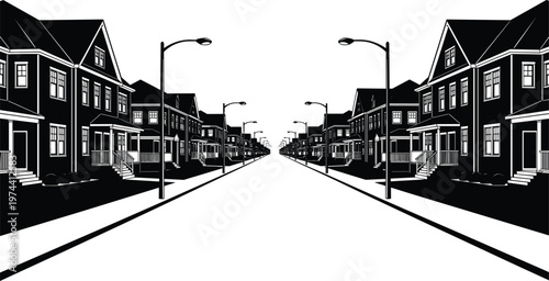 Black And White Suburban Street With Houses And Streetlights vector illustration