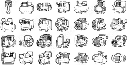 Industrial Air Compressors and Pumps Line Art Vector Icons Set. Mechanical Workshop Equipment and Engine Piston Outline Illustrations.