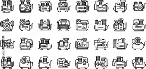 Air Compressor Outline Icons Set - Black and White Line Art Glyphs for Industrial Tools, Workshop Equipment, and Pneumatic Machinery