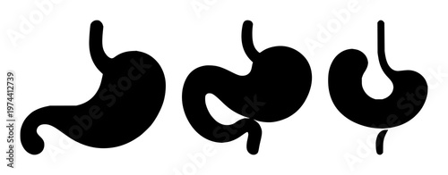Gastroenterology stomach icon set with solid black design against white background featuring medical anatomy, digestive system, illustrative symbol with line art and silhouette