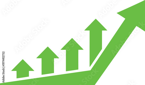 Green growth chart with multiple upward arrows indicating business success and financial profit. Vector