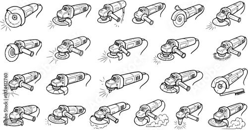 Black and White Line Art Collection of Angle Grinders, Construction Tools