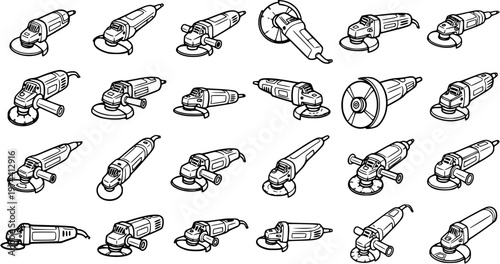 Black and White Line Art Collection of Various Angle Grinders, Tools for Construction and Metalworking