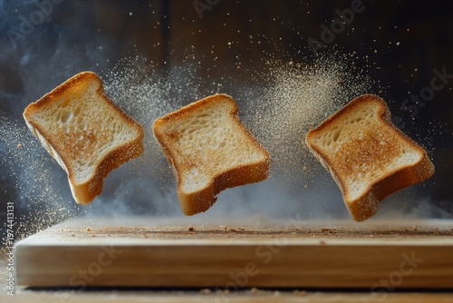 selective focus crispy golden toast mid-air from pop-up toaster