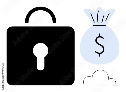 Financial security, online payments, savings protection, data encryption, cybersecurity, digital economy. Lock, money bag, and cloud icons illustrate financial security and online payments concept