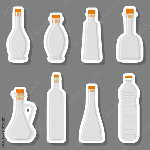 Large set symbols for empty bottles with cork for oil