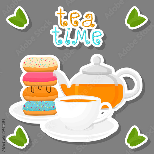 Teakettle for tasty tea with sweet dessert donut