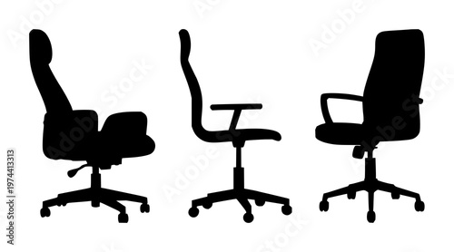 Home office chair set with solid black icon on white background featuring office furniture, seating, ergonomic design with vector and illustration