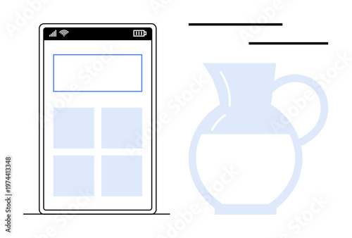 Technology design, digital tools, modern interfaces, everyday objects, user experience, connection. Minimalist smartphone interface beside a semi-transparent jug. Technology design and digital tools