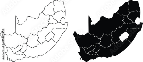 Detailed map of south africa showing provincial boundaries in both line art and solid black. Vector