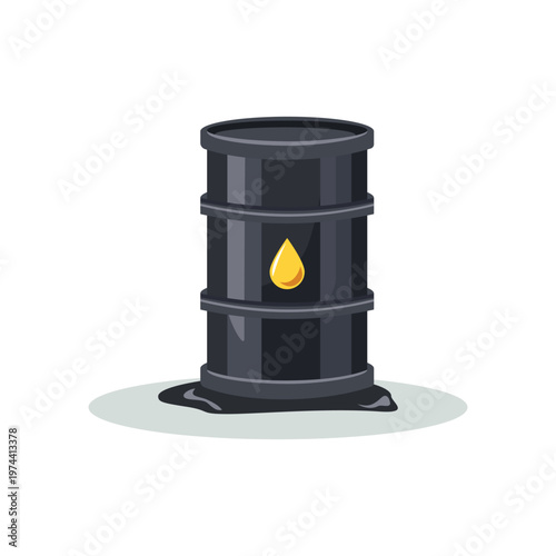 Black Oil Barrel with Spill Illustration. Crude Oil Drum. Petroleum Barrel Flat Design. Black Oil Barrel. Industrial Oil Drum Icon