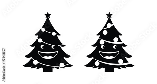 Two smiling christmas trees with lights on transparent background silhouette