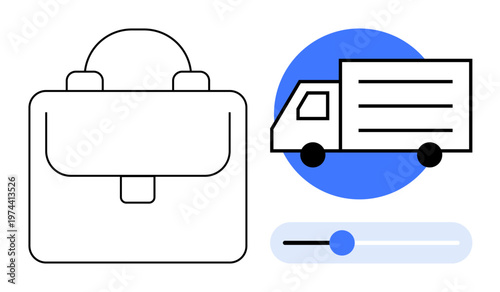 Logistics, business organization, delivery management, ecommerce solutions, supply chain, transportation. Minimalist design of briefcase, truck and slider. Logistics and delivery management ideas