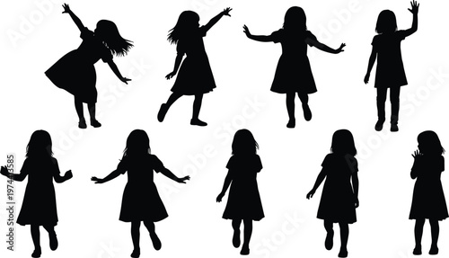Black silhouettes of little girls playing dancing and waving set isolated on white background for creative design projects childhood joy and movement vector illustration