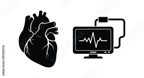 Heart monitoring system with ecg display on transparent background silhouette