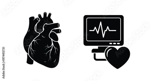 Medical icons featuring a heart and monitor on transparent background silhouette