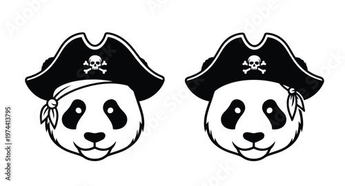 Two panda heads wearing pirate hats on transparent background silhouette