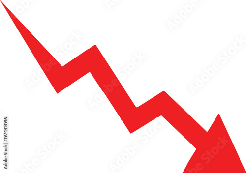 Red zigzag arrow pointing downwards on a white background signifying a decrease or loss. Vector