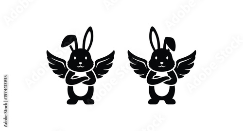 Two winged rabbits in a confident pose on transparent background silhouette