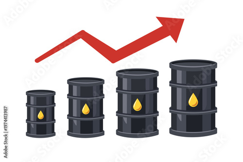 Rising Oil Prices Illustration. Oil Barrel with Rising Arrow. Oil Price Increase Trend. Upward Oil Price Chart with Barrel Icon. 