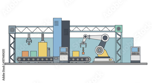 Automated factory production line with robotic arms and conveyor belts.