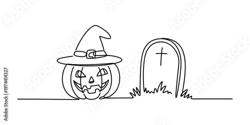 A single continuous line drawing of a spooky jack o lantern wearing a witch hat beside a tombstone Vector, illustration