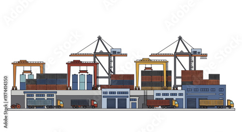 Busy cargo port with containers, cranes, and trucks for global logistics.