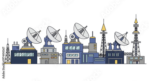 Communication Towers and Satellite Dishes Arrayed in a Cityscape.