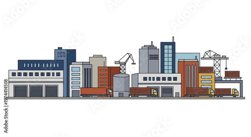 Industrial city landscape with factories, warehouses, and transport trucks.