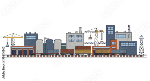Industrial city landscape with factories and trains.