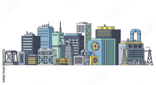 Industrial Cityscape with Diverse Buildings and Structures.