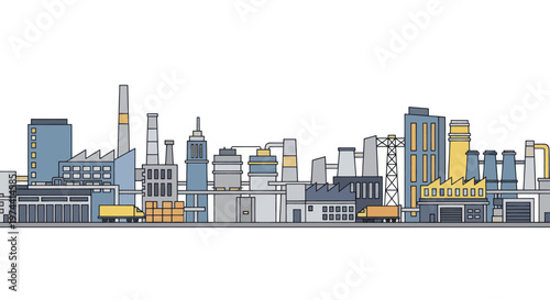 Industrial Cityscape Outline with Factories and Skyscrapers.