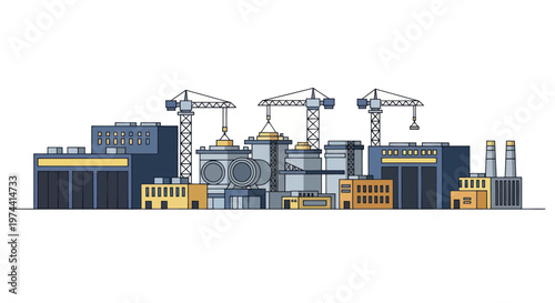 Industrial Construction Site with Cranes and Buildings.