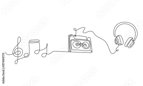 Continuous line art of music icons set