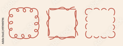 Square doodle frame, hand-drawn wavy curly engagement monograms. Edgings and cadres simple sketchy scribble swirl design, editable one line decoration old-fashioned greeting elements. Editable stroke.