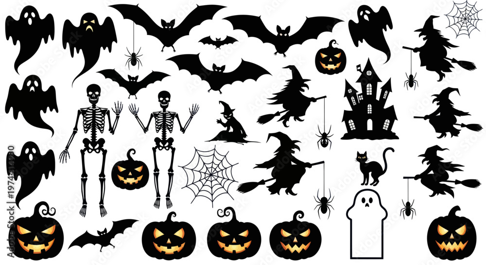 Obraz premium Halloween Icons: Ghosts, Bats, Skeletons, Witches, Pumpkins, Spiders, Black Cat