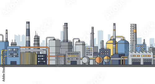 Industrial factory buildings with chimneys and tanks in a row.