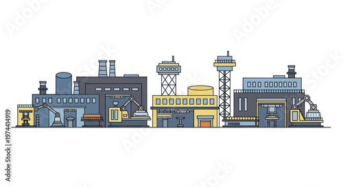 Industrial factory buildings with smokestacks and water towers in a row.