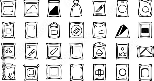 Hand-drawn Outline Packaging Bags and Product Pouches Icon Set for Food, Retail, and Consumer Goods Industries