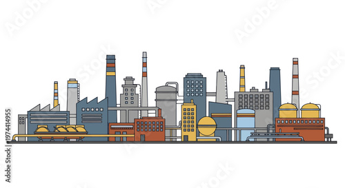 Industrial Factory Complex Skyline with Various Buildings and Structures.